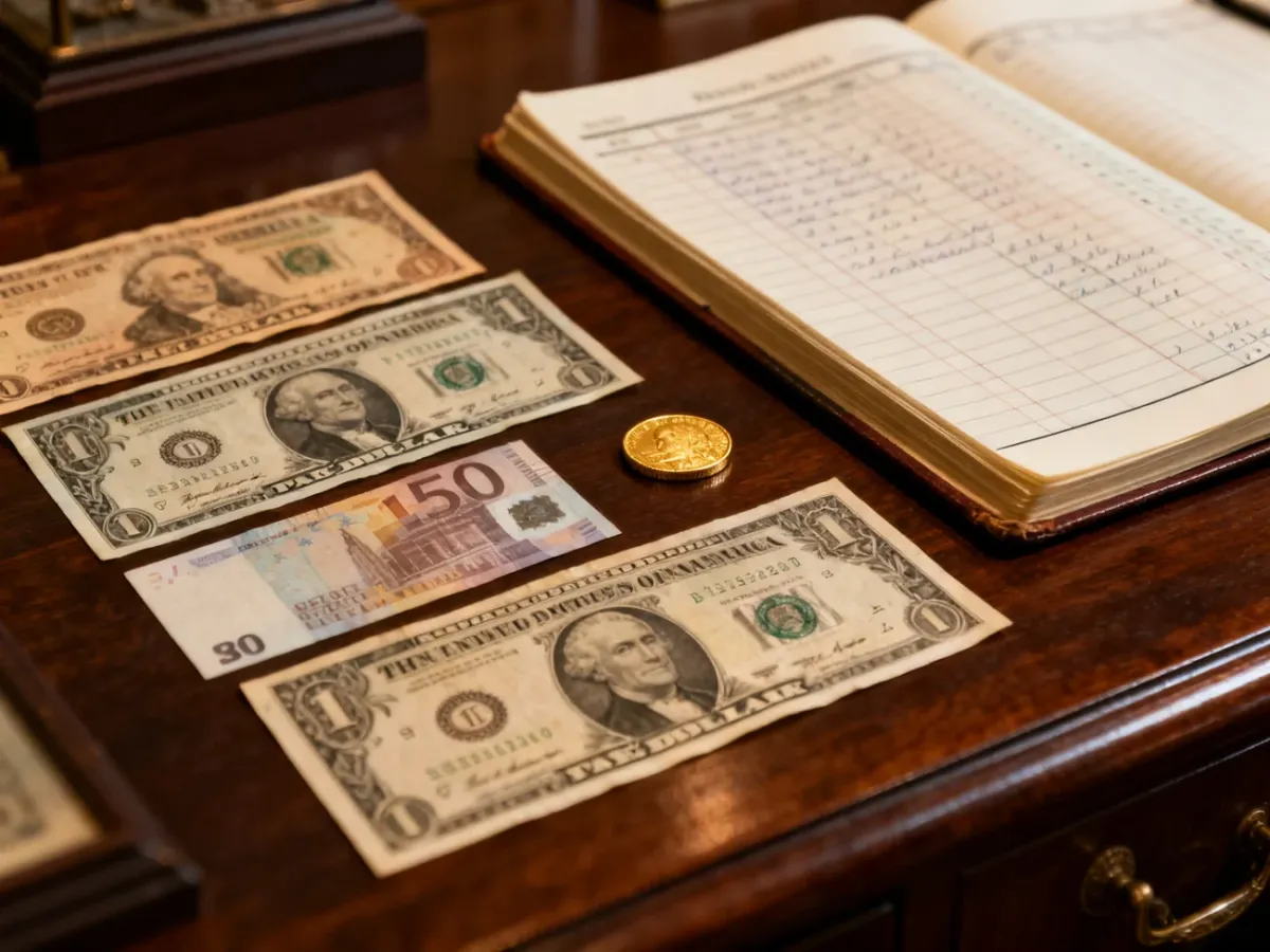 Historyczne i współczesne banknoty obok złotej monety