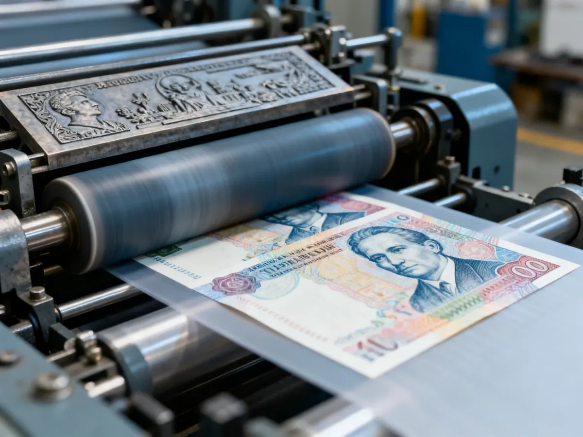 Proces drukowania banknotu na specjalistycznej maszynie
