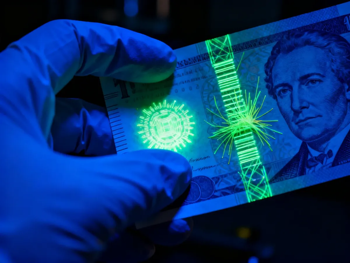 Badanie zabezpieczeń banknotu w świetle ultrafioletowym