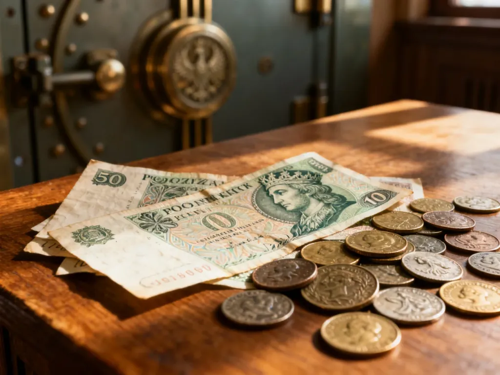 Wycofane z obiegu polskie banknoty i monety leżące na drewnianym stole na tle dawnego skarbca bankowego.