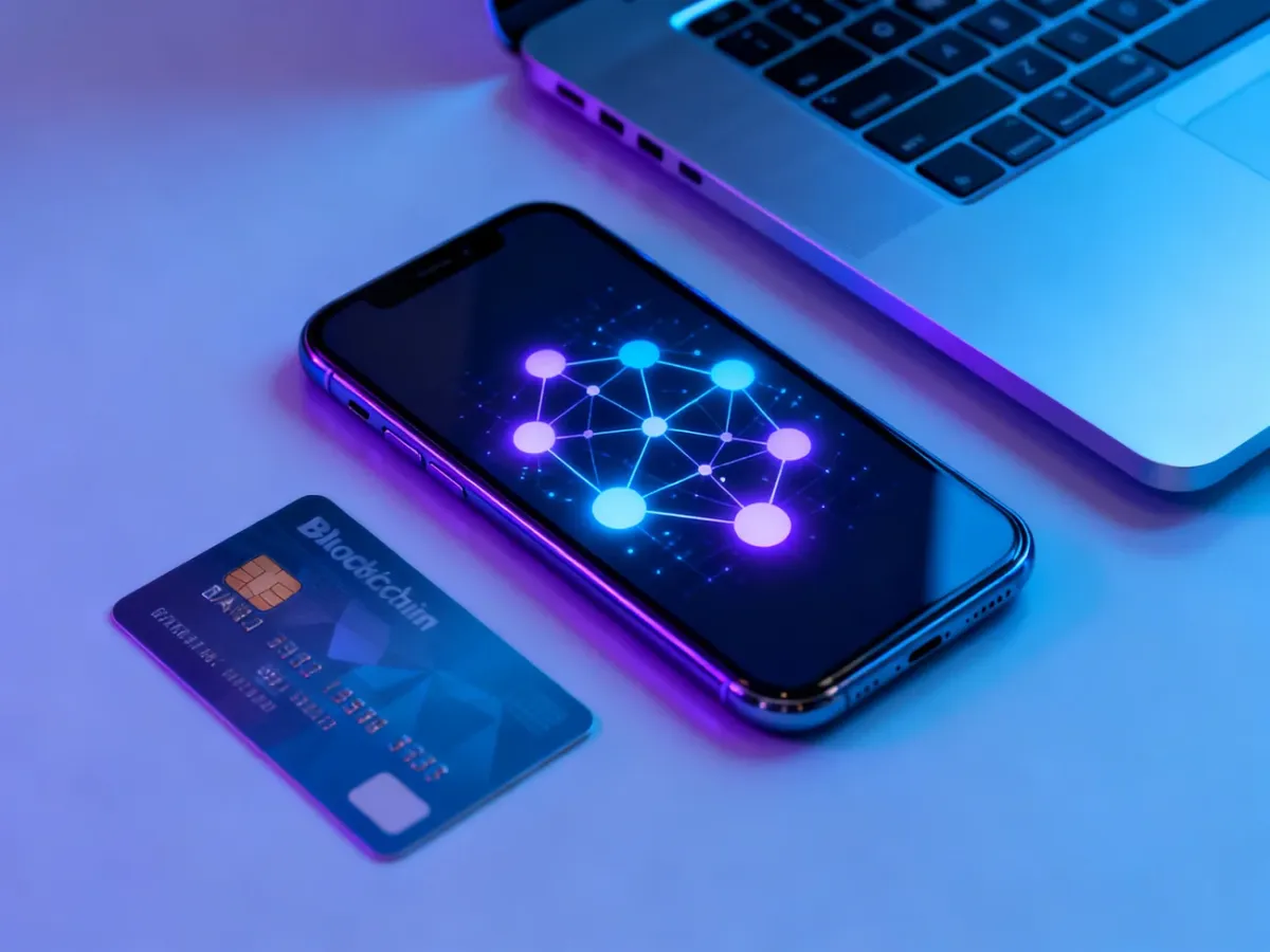 Smartfon, karta i laptop symbolizujące pieniądz cyfrowy i blockchain