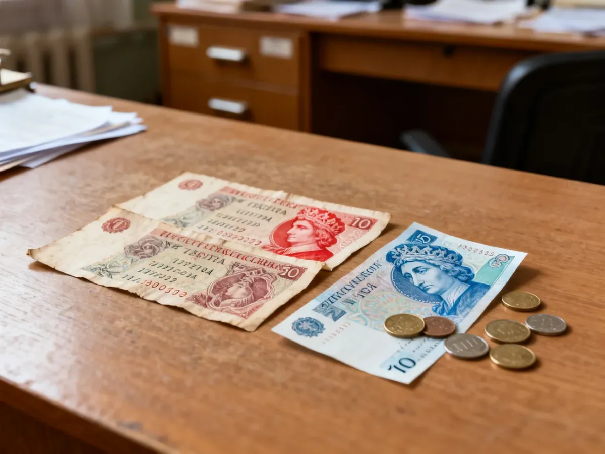 Stare polskie banknoty zestawione z nowymi złotymi i monetami podczas denominacji