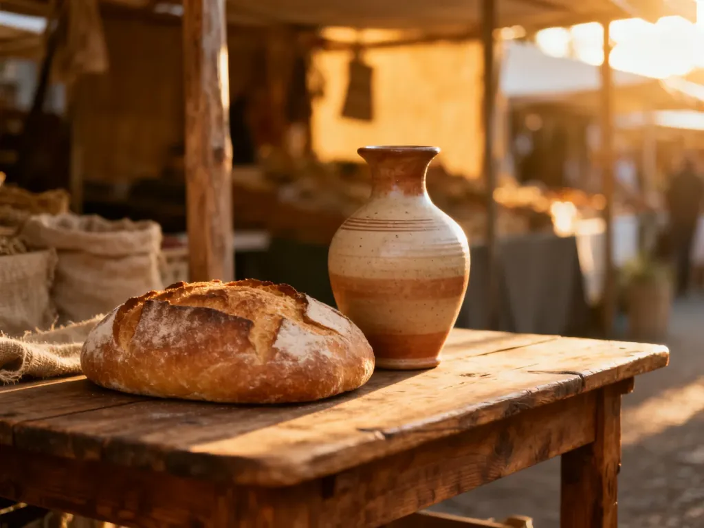 Bochenek chleba i ceramiczny wazon na drewnianym stole, symbolizujące bezpośrednią wymianę towarów w ramach barteru.