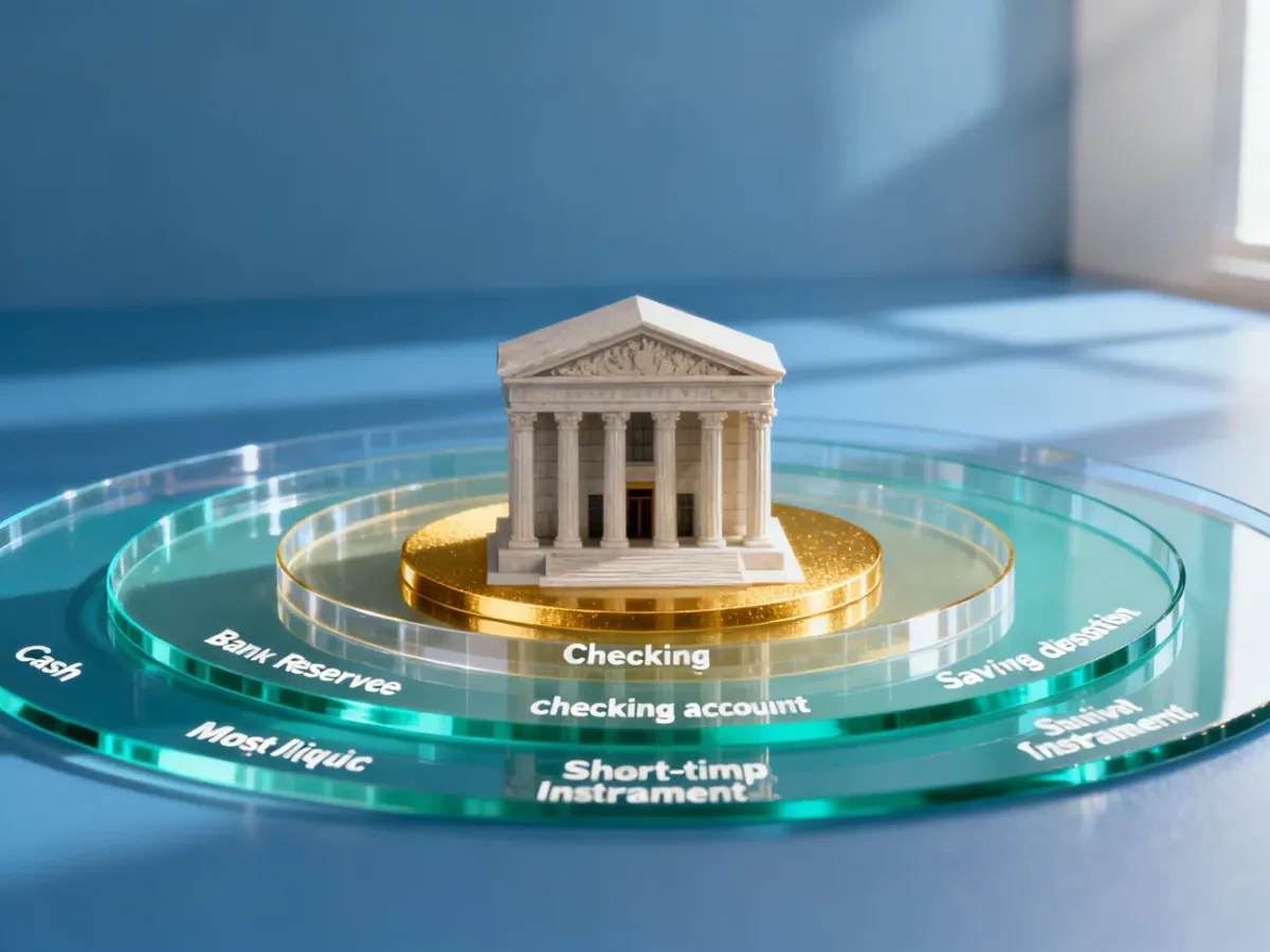 Ilustracja agregatów pieniężnych przedstawiająca bank centralny, gotówkę, depozyty i instrumenty finansowe o różnej płynności